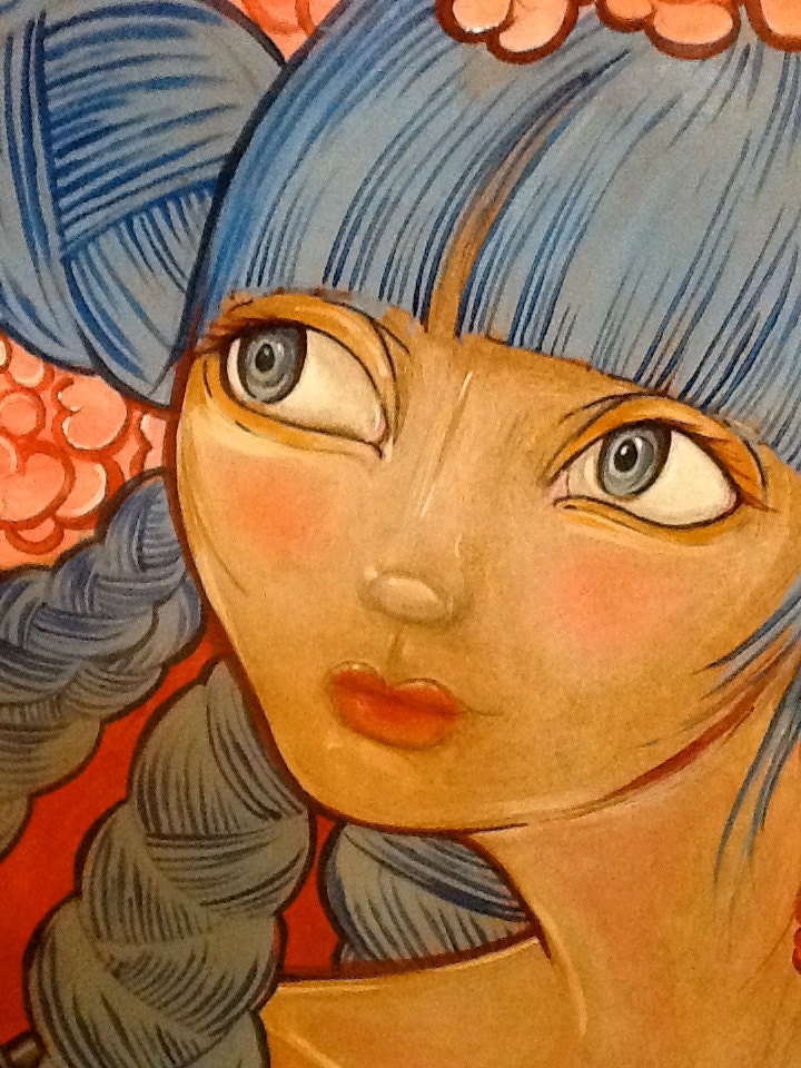 Goddess with Blue Braids, Pomegranite, and Peonies Original Painting, GICLE PRINTS on paper and canvas available on request
