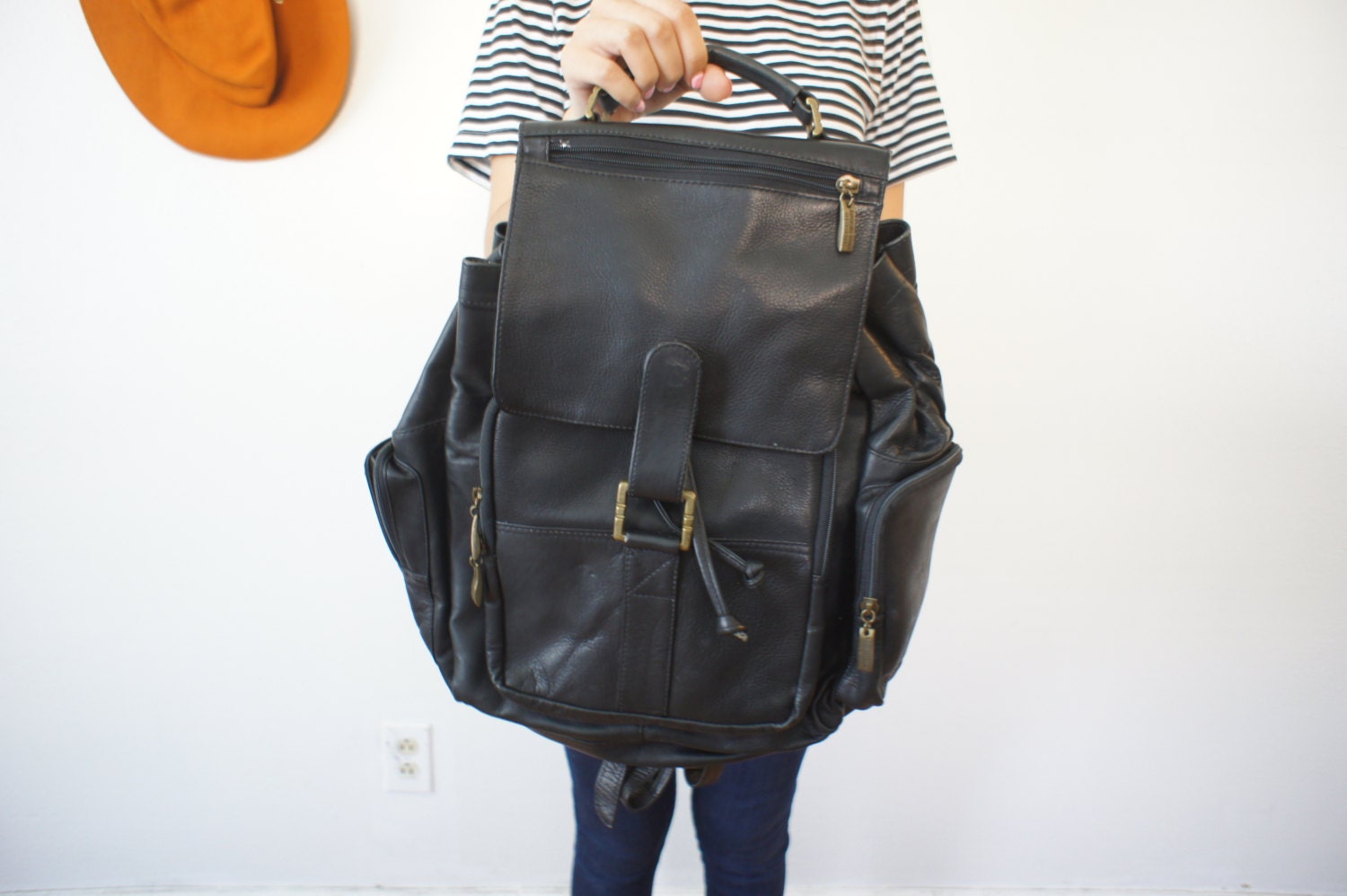 90s Wilsons Leather Backpack Black Big Bag Backpack