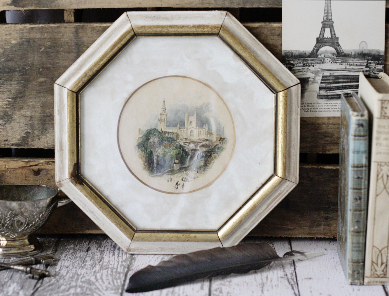 Vintage French Old World Print in Octagon Shabby Chic Wooden Frame - White & Gold