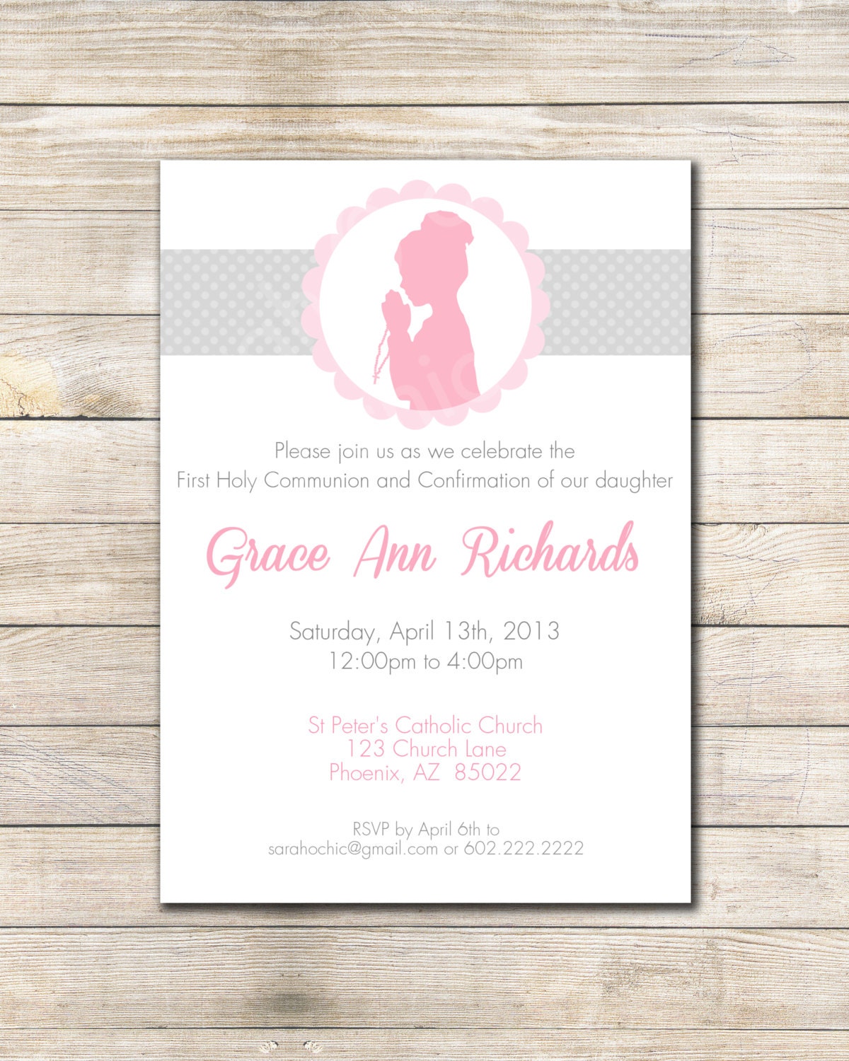 Printable Confirmation, First Communion, Baptism , or Christening Invitation- sarah O chic - pink and grey, girl silohuette