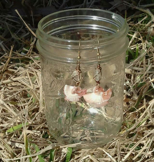 Phoenix-Powered Lighthouse - wire wrapped upcycled carved shell earrings with quartz