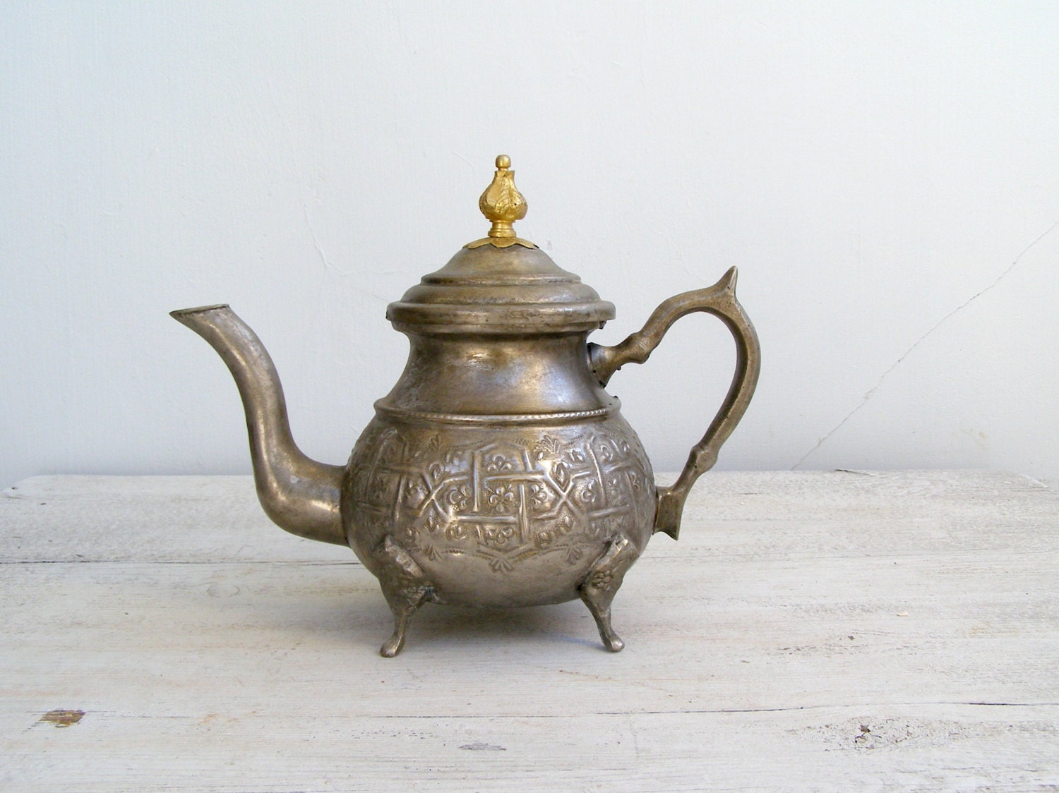 Ornate Oriental Teapot, Silver and gold pitcher, Vintage teapot, Retro kitchenware, collectible kitchenware, Restaurant decor, Kitchen Disp