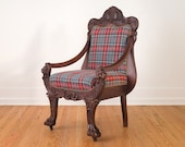 Custom Plaid Wool Upholstered Antique Carved Wood Lion's Head Chair - Horsehair and Nailheads