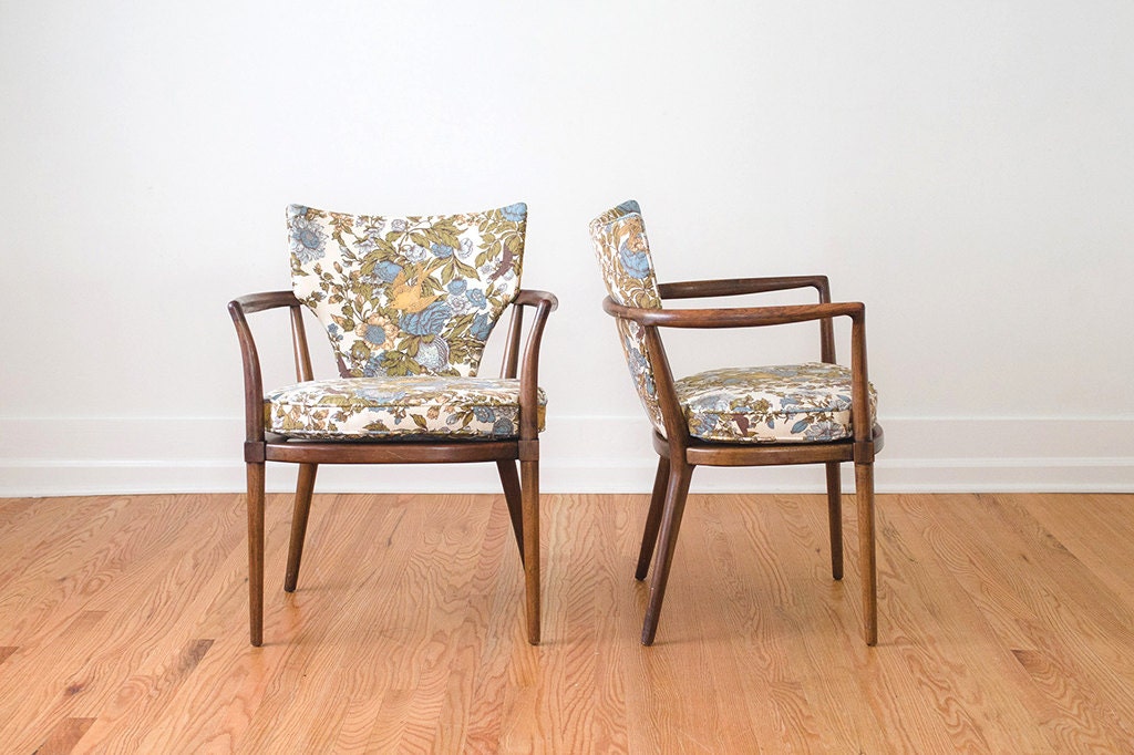 Set of Four Mid Century DIning Chairs with Custom Birds and Floral Upholstery