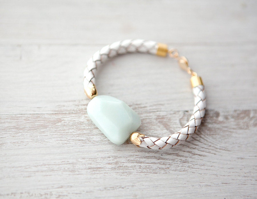 Beautiful light mint Amazonite on Leather Cord Bracelet by pardes israel