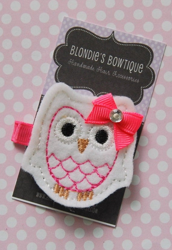 Felt Hair Clip - Pink and White Owl - Baby Hair Clip - Hair Clippie - Owl Hair Clip- Girl Hair Clip