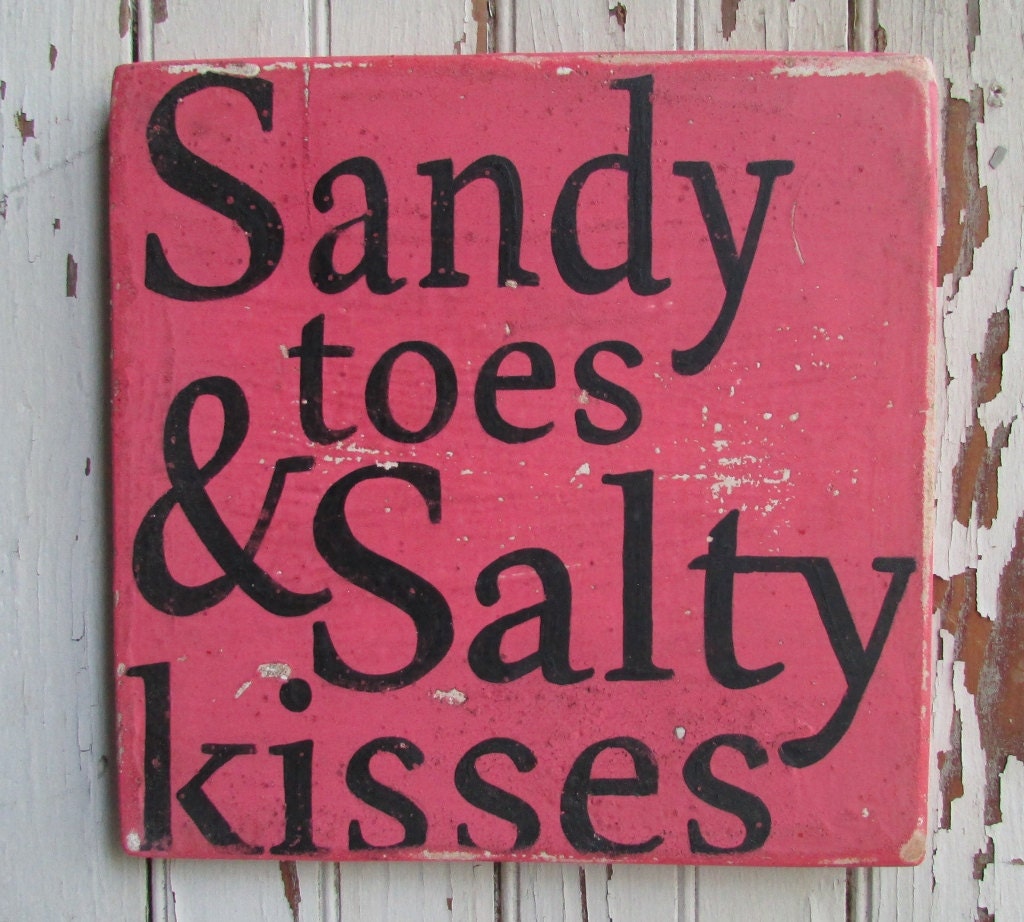 Sandy toes & Salty kisses Pink Beachy Wooden Handpainted 9x9 Square Sign Wall Art