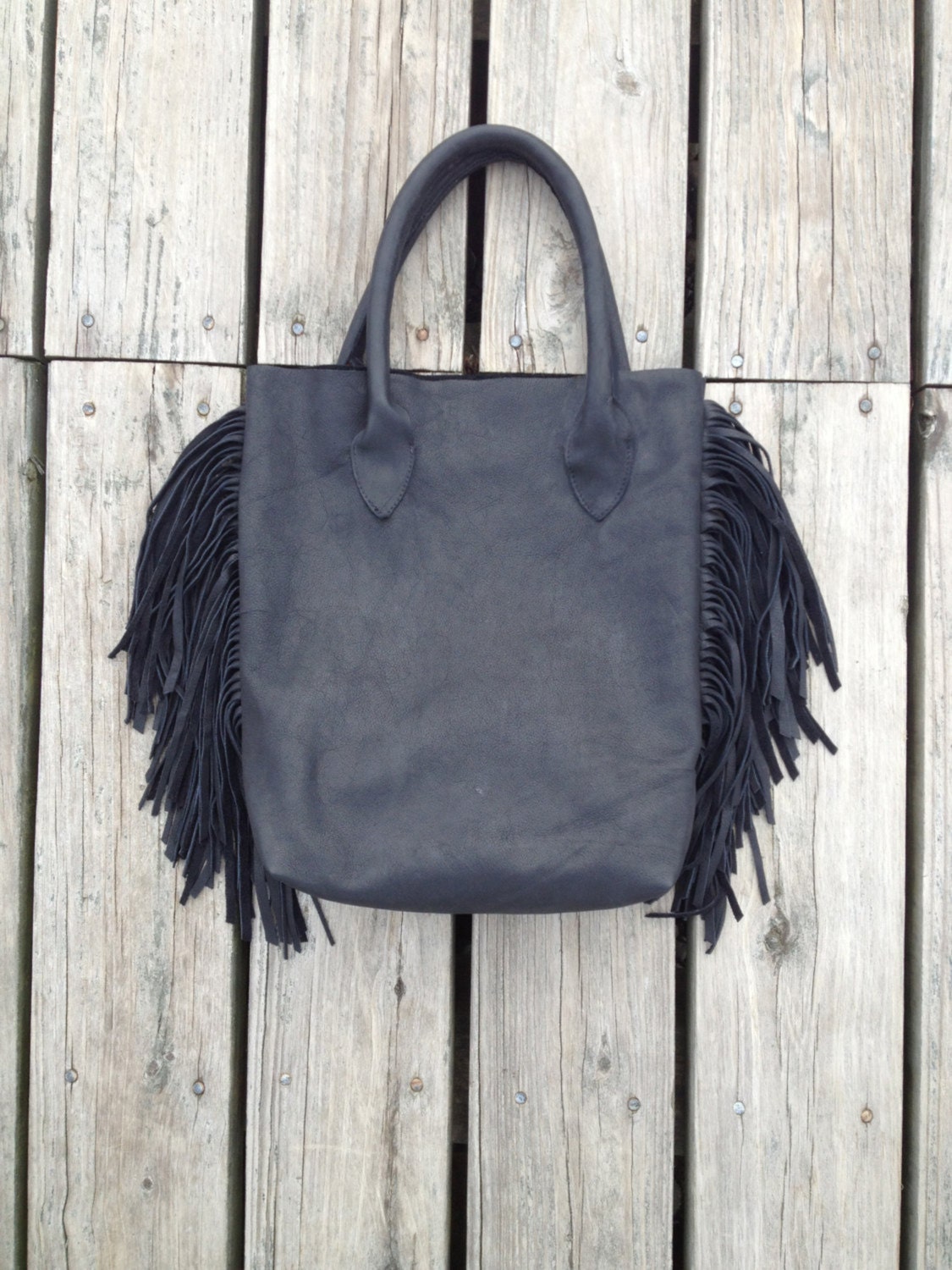 soft black leather tote bag with fringe