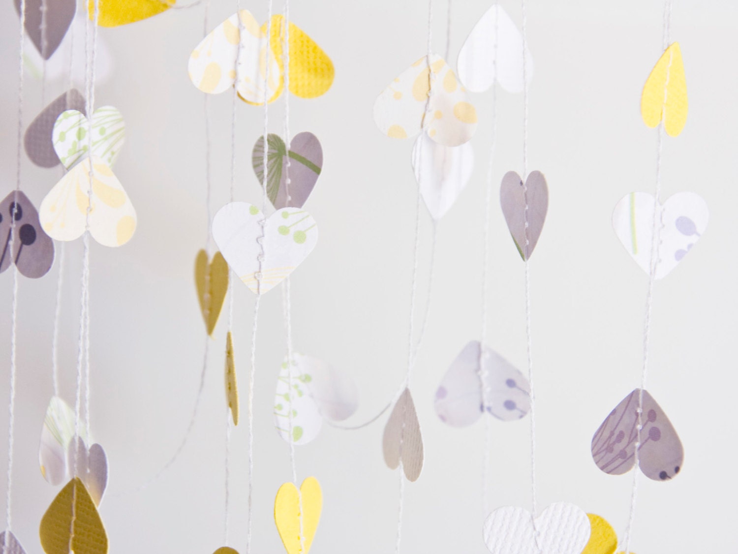 Yellow, White & Dandelion Pattern Stitched Heart Paper Garland Bunting
