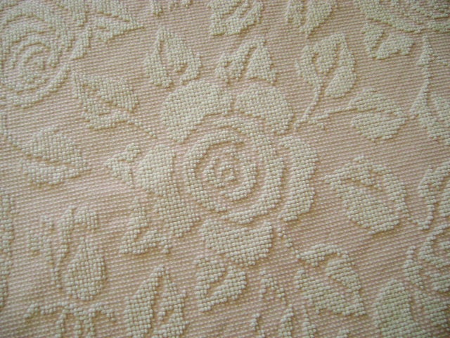 Vintage Chenille Bedspread - PINK with White Roses - Vintage Hobnail Chenille Bedspread, Twin / Full  with Pom-Pom Fringe