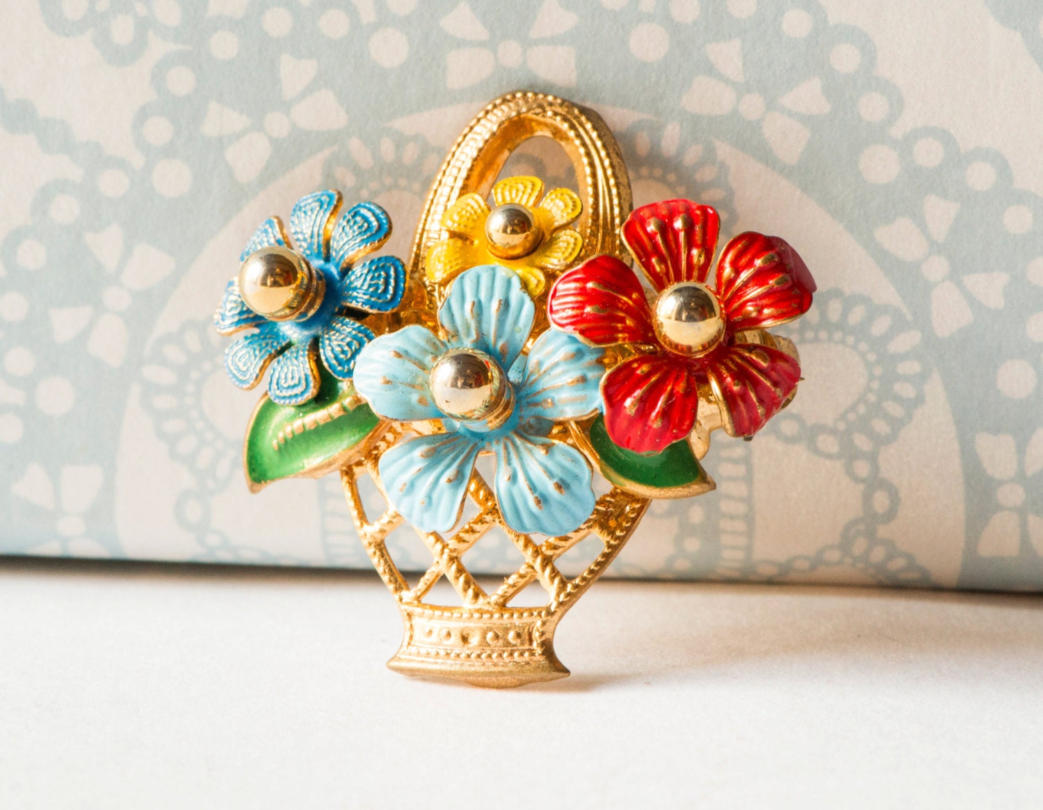 Soviet brooch flowers - basket brooch vintage - blue, red flowers metal brooch