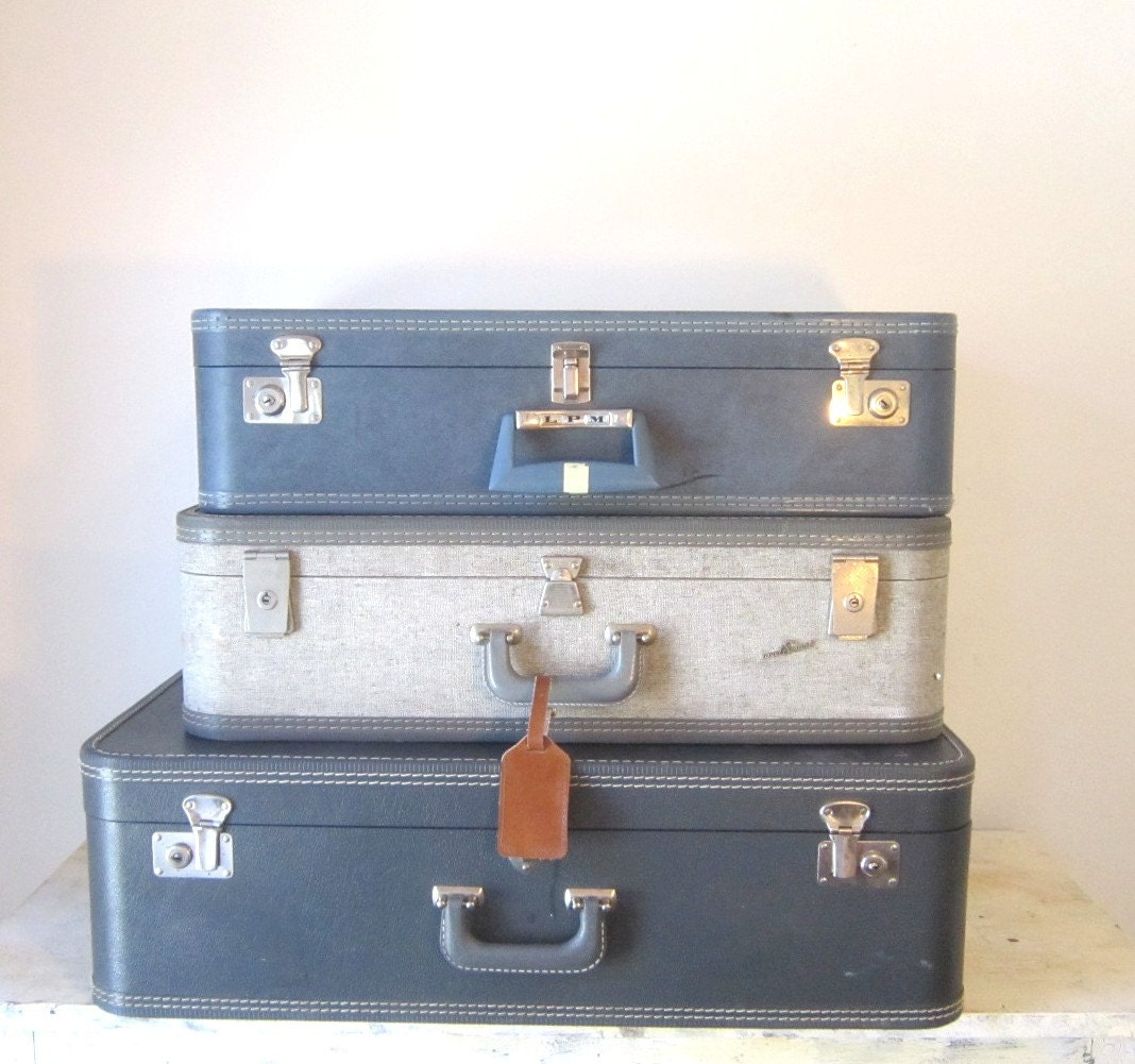 Vintage Tweed Grey Blue Luggage Suitcase Travel Display Home Decor Prop Wedding Gift for Him Her - slatternhouse5