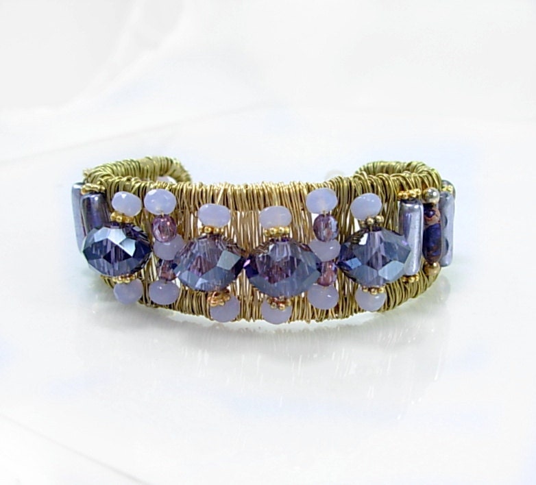 Woven Brass Boho Bangle/Cuff, Unique Purple/Lavender Crystals & Jasper