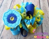 Yellow and Blue Flower Feltie Boutique Funky Bow