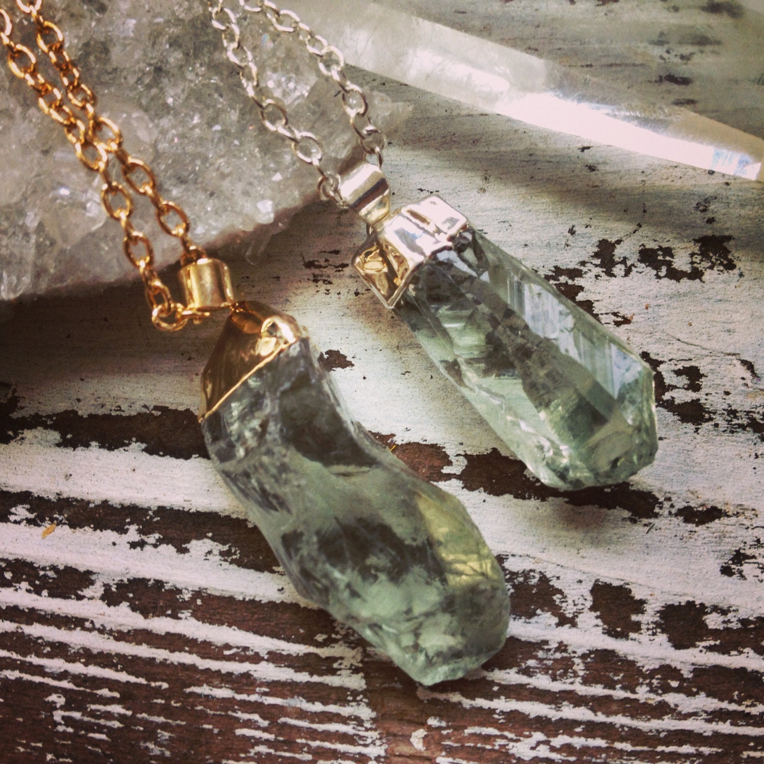 LUNA / Green Amethyst Raw Quartz Crystal Necklace Large - YOU CHOOSE Silver or Gold Plated Dipped Pendant - Natural, Boho Chic, Spring