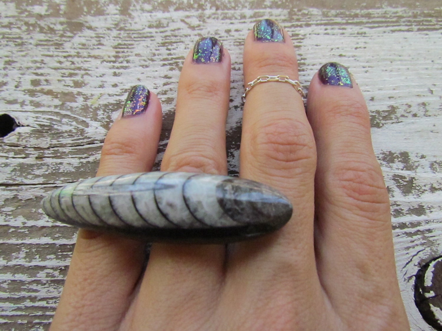 SPIN / Orthoceras Ancient Fossil Cocktail Statement Knuckle Ring Silver Adjustable - Unisex - Natural History, Ocean,Beach, Summer, Fashion