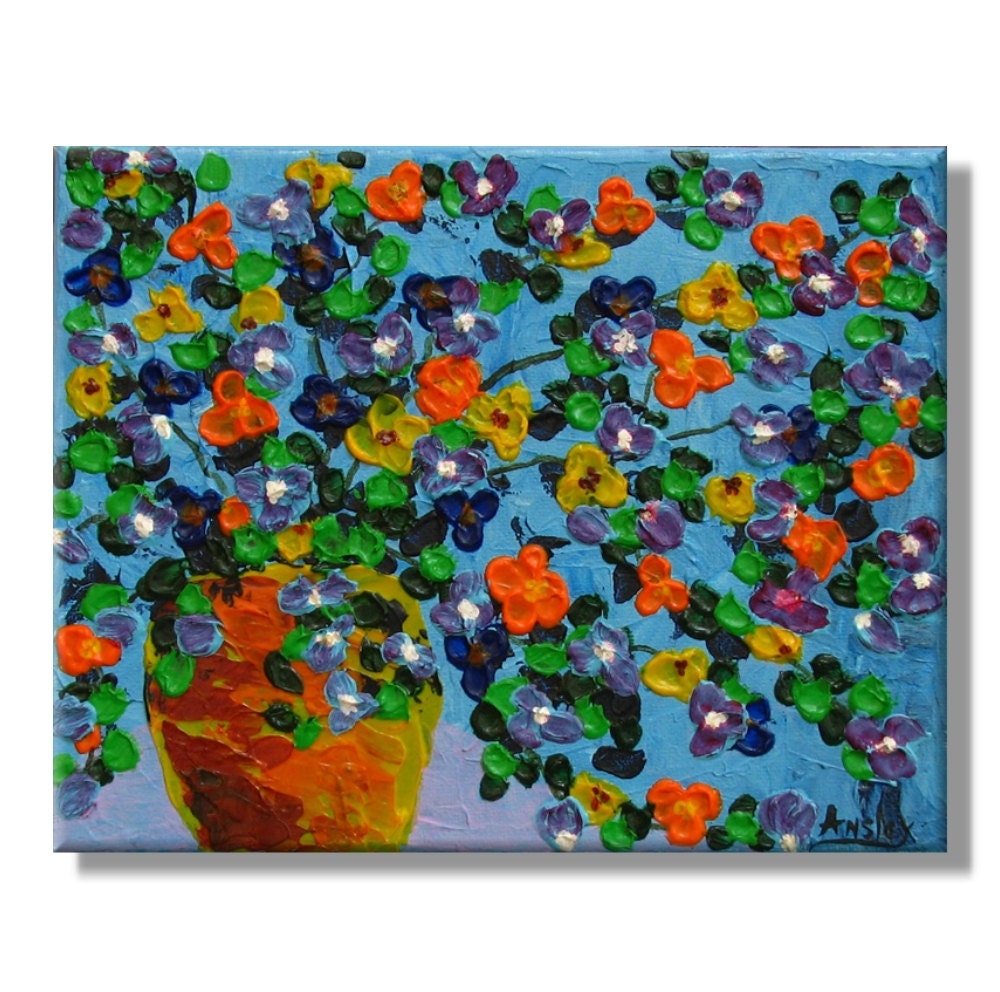 Multicolor blooms in a vase. Original Handpainted Acrylic Thick 3d Texture Impasto Palette Knife Painting. Size 8 x 10.