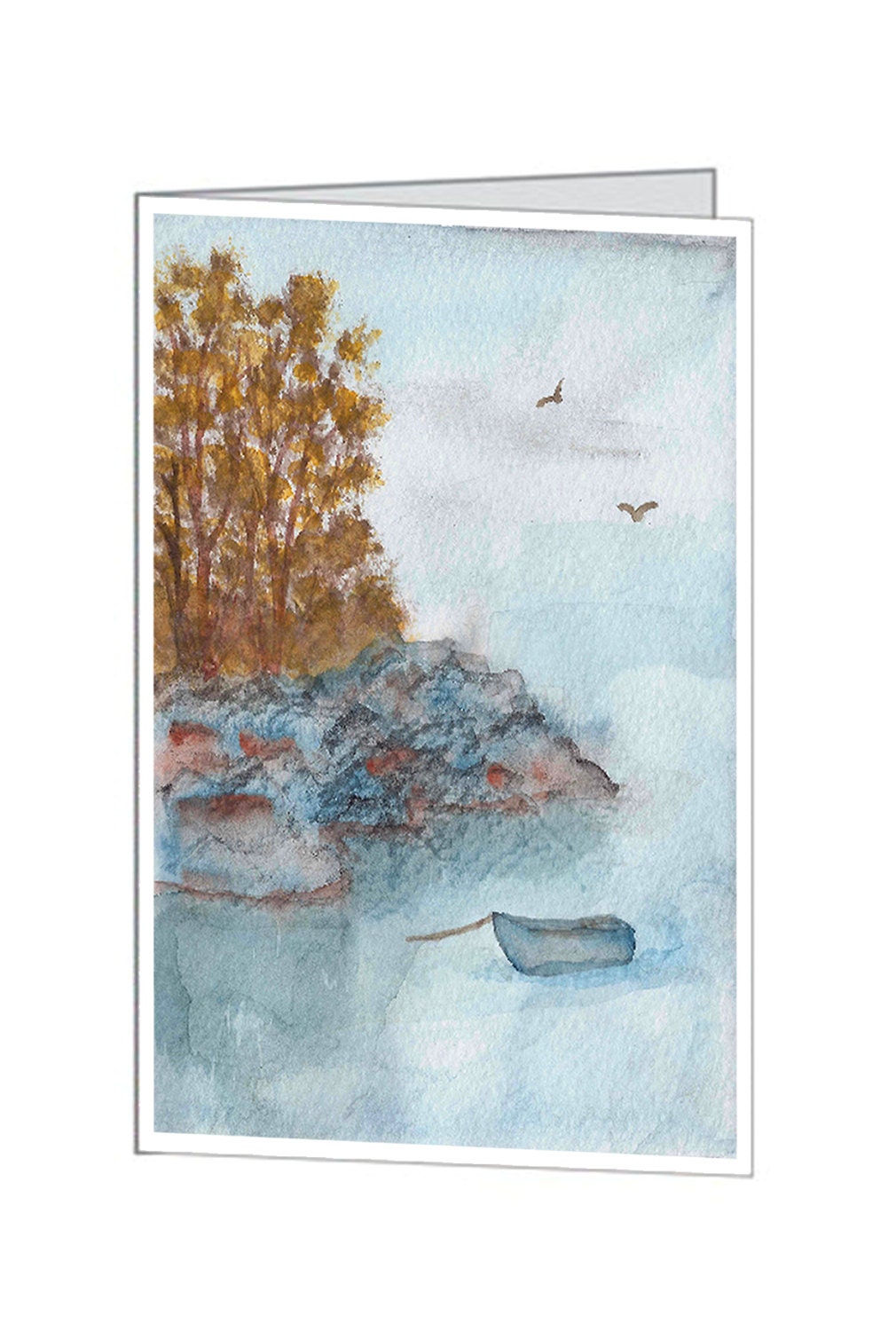 Rocky Shoreline with Boat Greeting Card with an Envelope. 5 x 7 inch. Easily Framed as Art.
