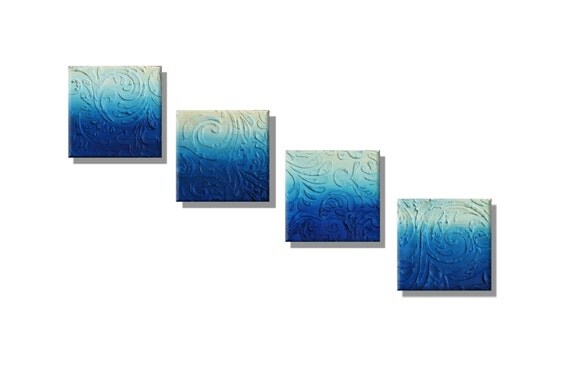 Set of 4 Abstract Blue Swirls. Original Handpainted Acrylic Thick 3d Texture Impasto Palette Knife Painting. Size 6 x 6 inches each.
