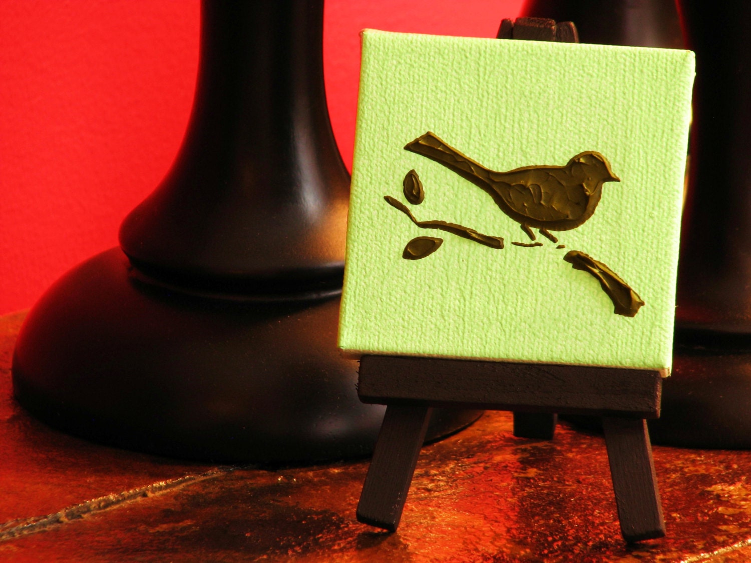 Mini Bird on a Branch with Easel. Original Handpainted Acrylic Thick 3d Texture Impasto Palette Knife Painting. Size 3 x 3.