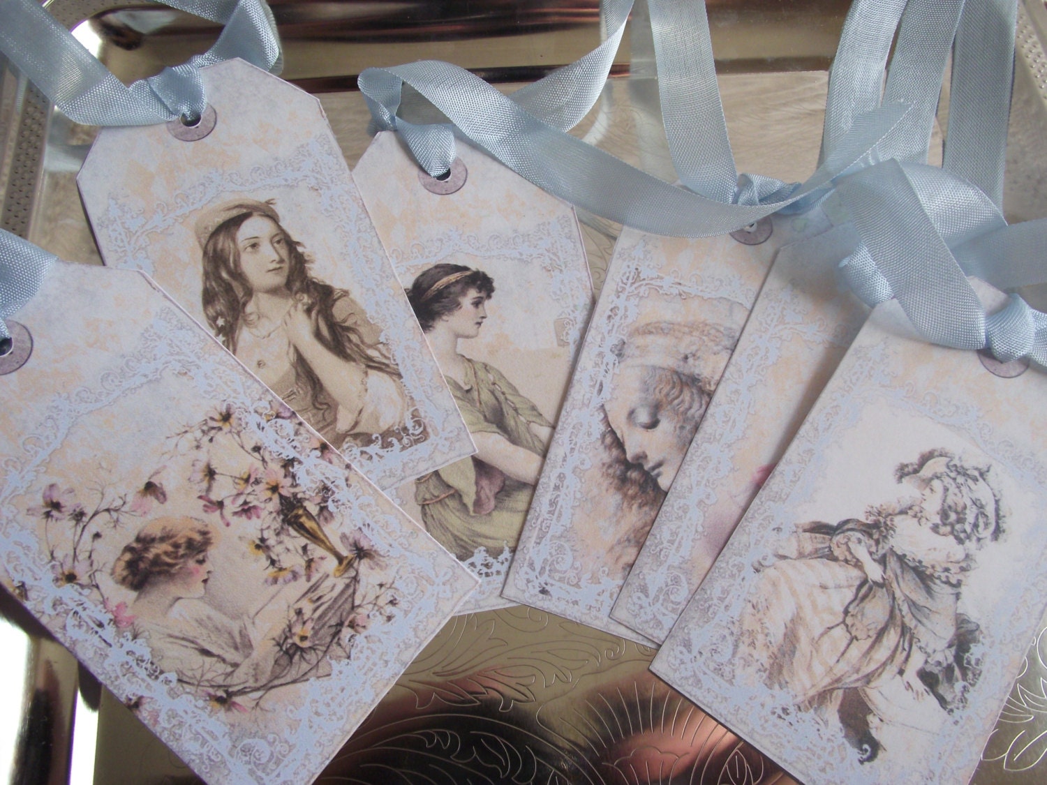 Gift Tags/Hang Tags/   Diffrente  Style  Women  In  A Distress Background Pastel Blue  Ribbon