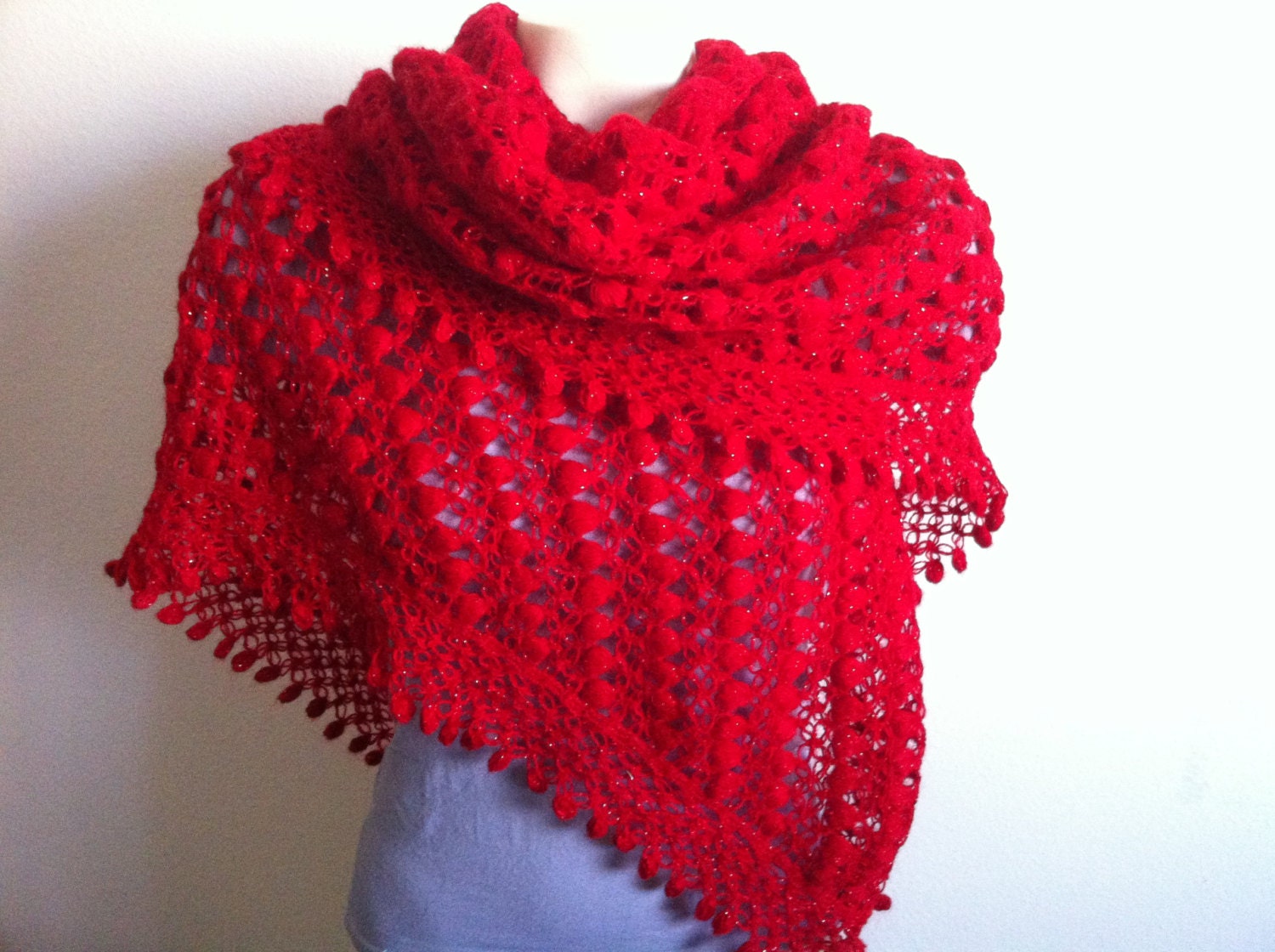 Crochet Triangle Red Shawls, Red Women's Triangle Shawls,  Crochet Red Shawl, Women Shawl, Usa Seller