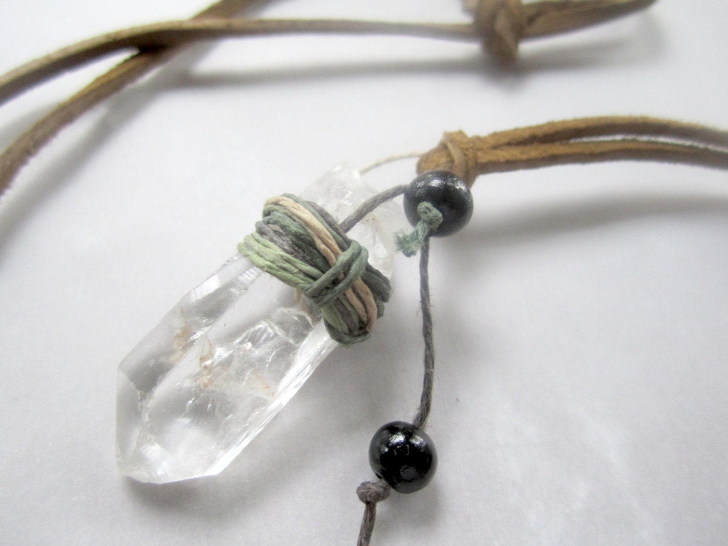 Crystal Point Necklace wrapped in Hemp Leather Cord and Wooden Black Beads