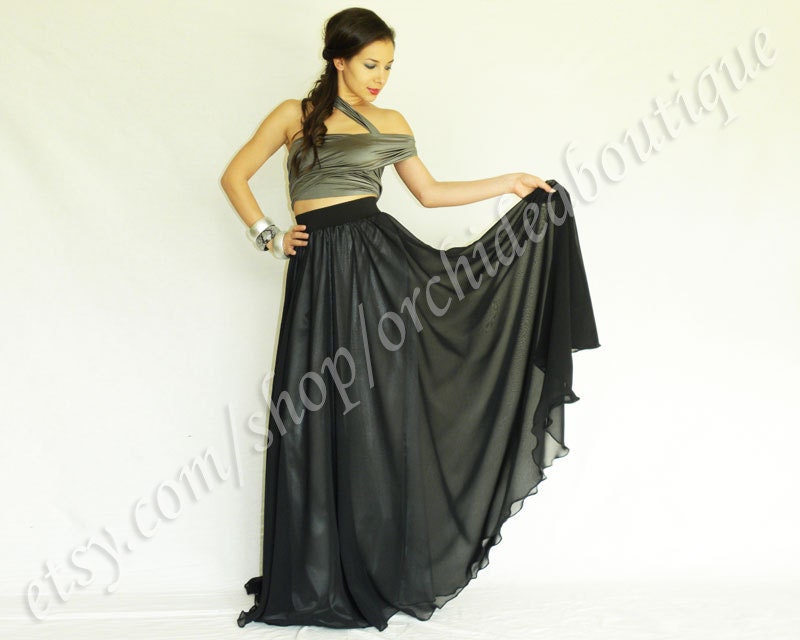 Maxi skirt black chiffon with silver satin lining
