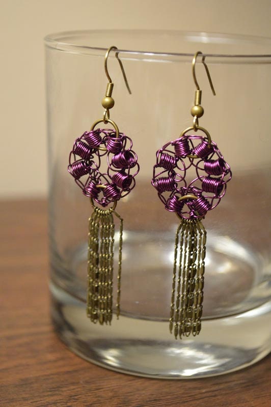 Purple Crochet Wire Circle Earrings with Antiqued Brass Fringe and Findings
