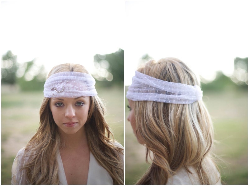 Point D'Esprit headpiece with hand sewn lace detail and clear crystals