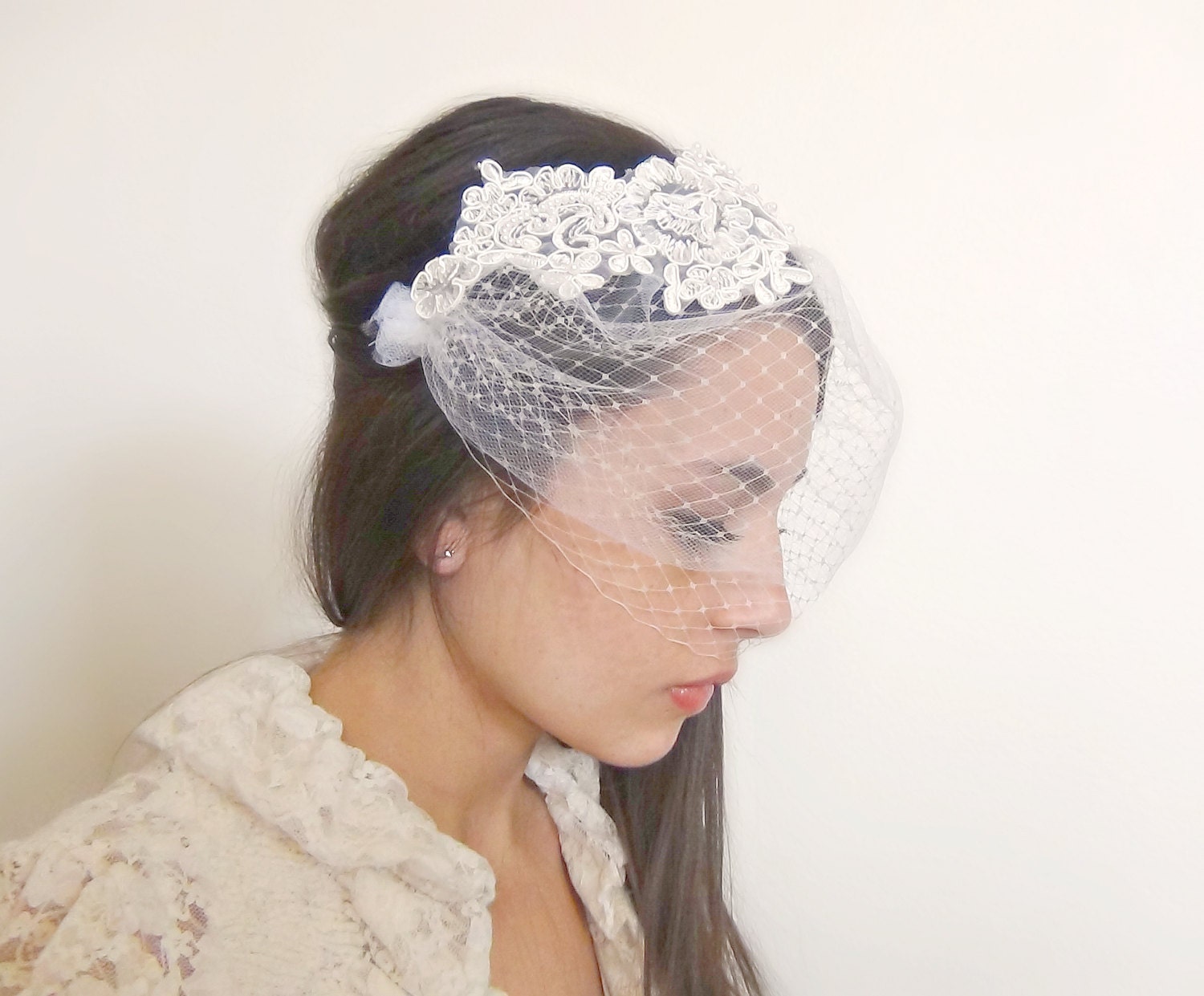 Vintage-inspired double layered birdcage veil with lace, pearl beading, french veiling and tulle