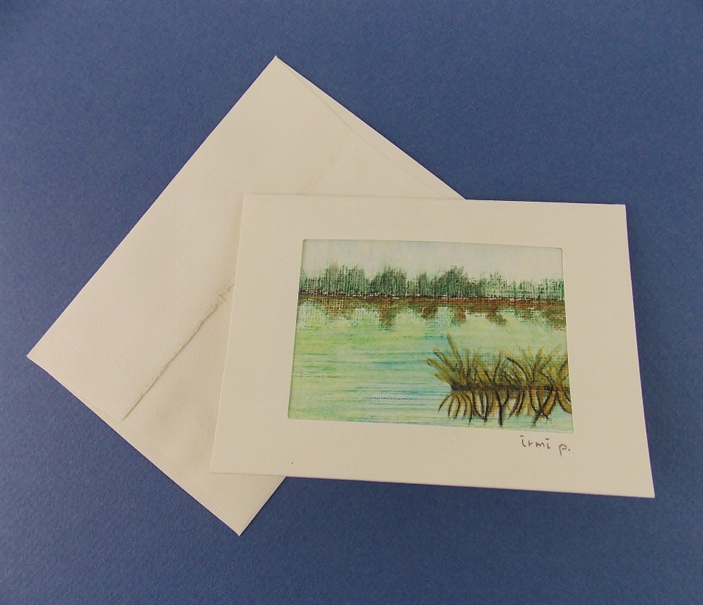 Original ACEO Frame Card River Grass  Mini Landscape Painting FREE SHIPPING Handmade Art