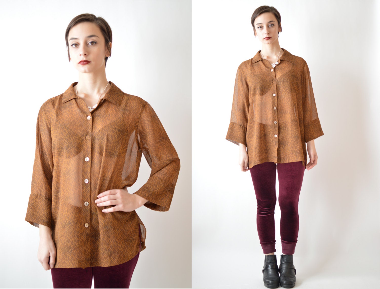 Vintage 1990's Sheer Brown Patterned Blouse/Dress One Size Fits Most