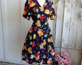 Vintage 1980s Dress Viscose Fruit Theme Drop Waist Tie Back MOP Buttons Made in Europe B38