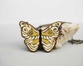 Butterfly Necklace Hand Painted on Walnut Wood Art Pendant Necklace White Gold Animal Jewelry