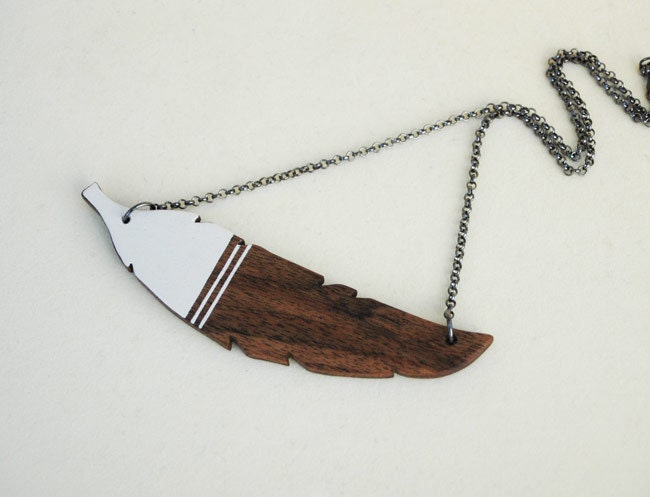 Wooden Feather Necklace Wood Necklace Pendant Eco Friendly Jewelry Natural Wood White and Brown