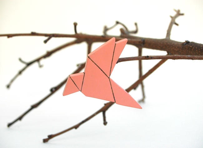 Origami Bird Brooch Coral Wood Brooch Animal PIn