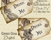 Drink Me Characters from Alice in Wonderland Grungy Hang Tags Digital Collage Sheet - 1.7 x 3 Inches Printable for Wedding or Party Favors
