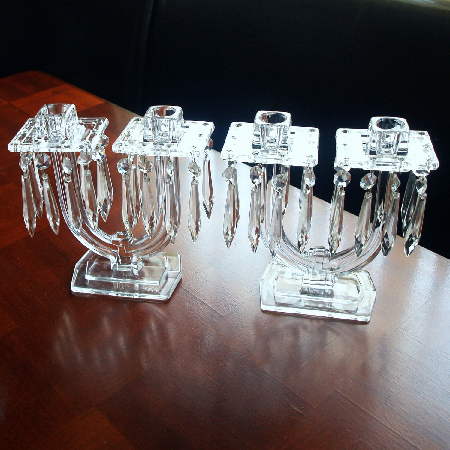 ANTIQUE ART DECO Heisey Crystal Candelabra New Era 1940's Taper Candlestick Pair 2 lite Candle Holders prism crystals bobeche