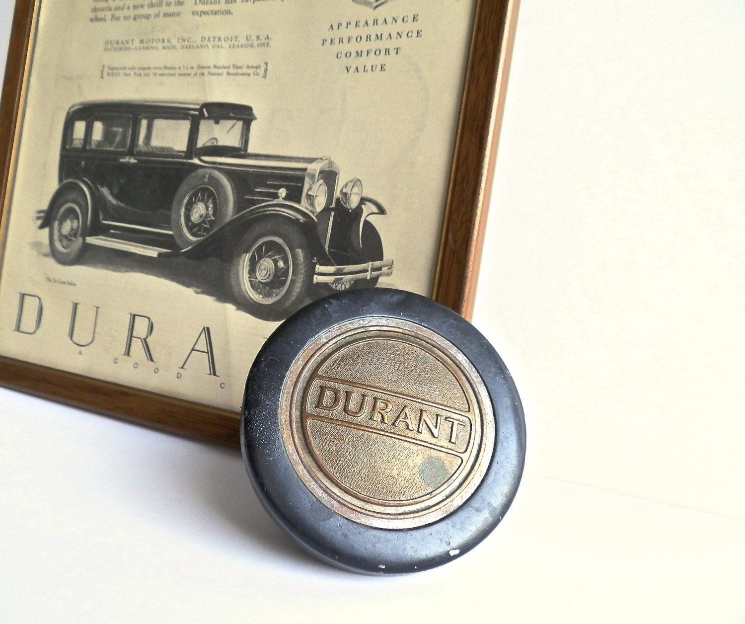 Vintage Durant Motor Car Hub Cap Screw On Wheel Cover Vintage Advertisement Fathers Day Faux Bois Frame