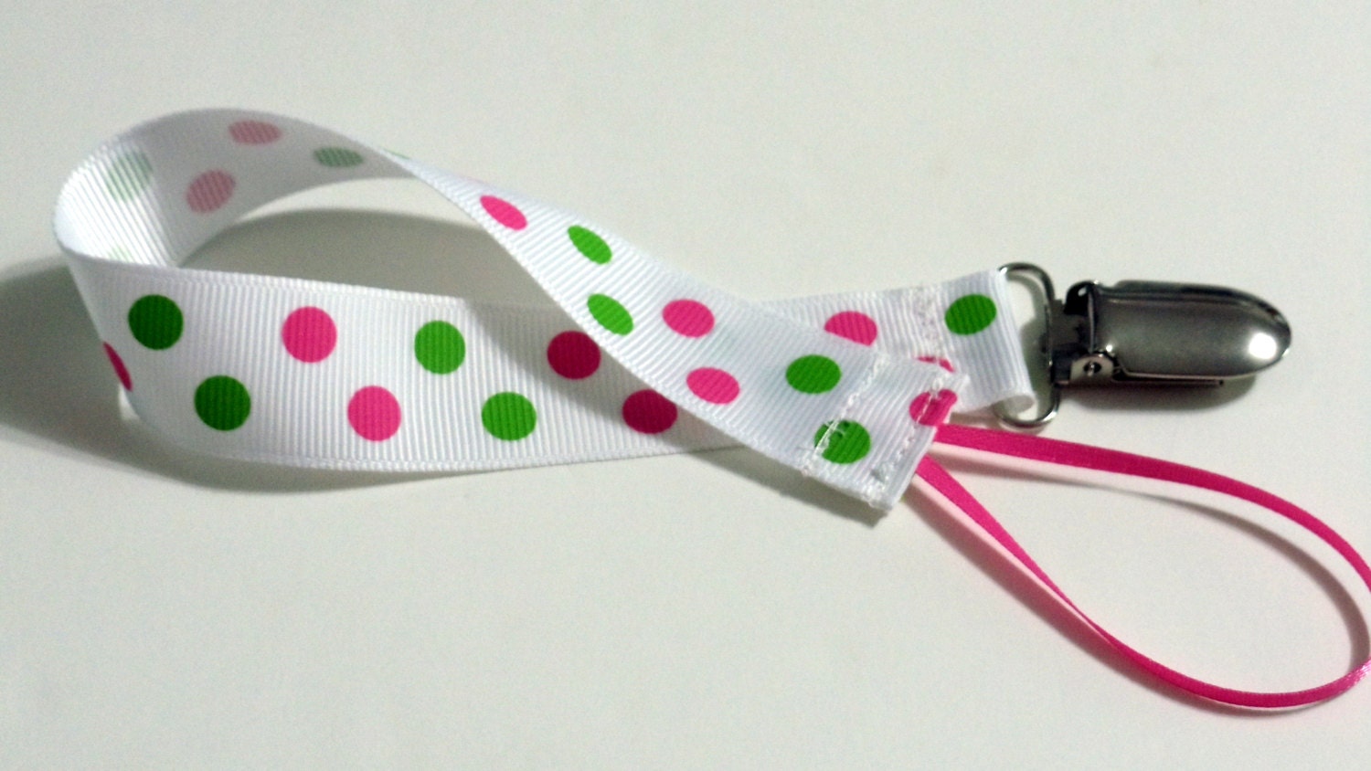 Sassy Pink  Green Ribbon Pacifier Clip Pacifier Holder