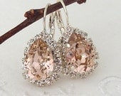 Pink Swarovski rhinestones teardrop earrings, Drop earrings, Bridal earrings, Bridesmaids jewelry, Dangle earrings, Silver plated earrings