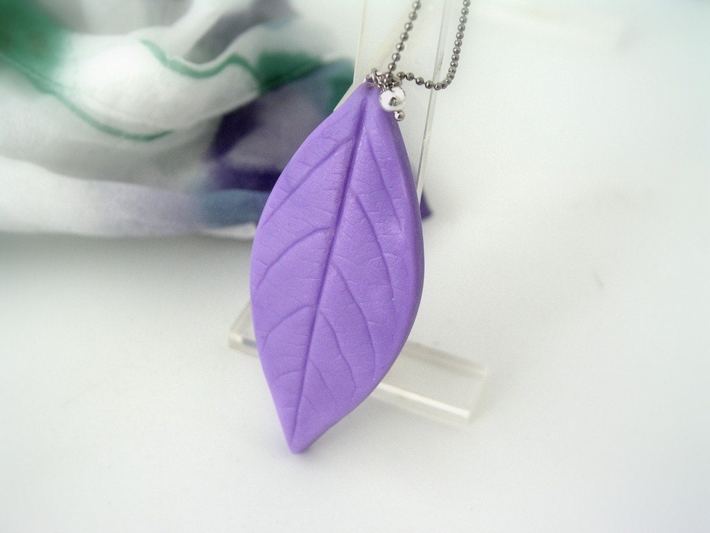 Lavender polymer clay leaf pendant, large leaf, long necklace, dark silver ball chain, by antigonicreations