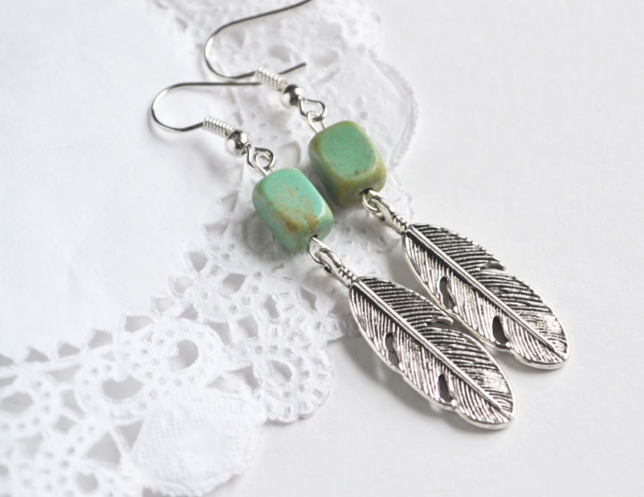 Feathers and Turquoise Earrings, Hippie Nature Inspired Earrings, Rectangular Stone Earrings, Feather Jewelry