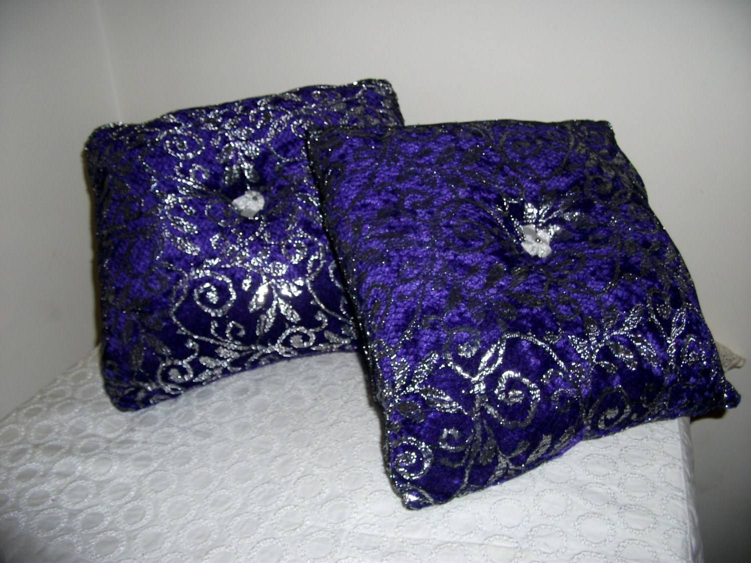 Vintage Home Made Throw Pillows Purple Satin with Black/Silver Lace Overlay Both for 5 USD