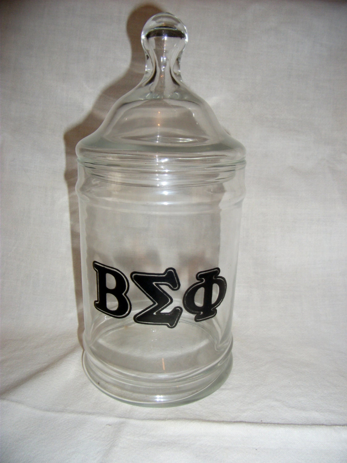 Vintage Apothecary Jar Hand Blown Glass features Greek Lettering Beta Epsilon Theta ONLY 7 USD