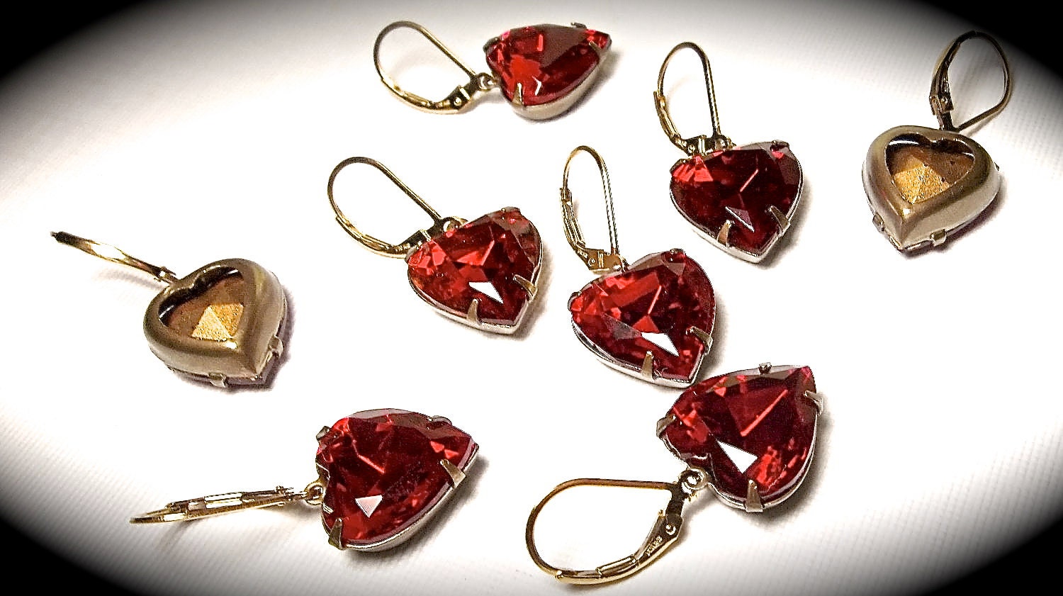 Heart Earrings - Garnet - Red - Vintage - Rhinestones - Gold filled leverback earwires - gift - Love - Romantic Jewelry -