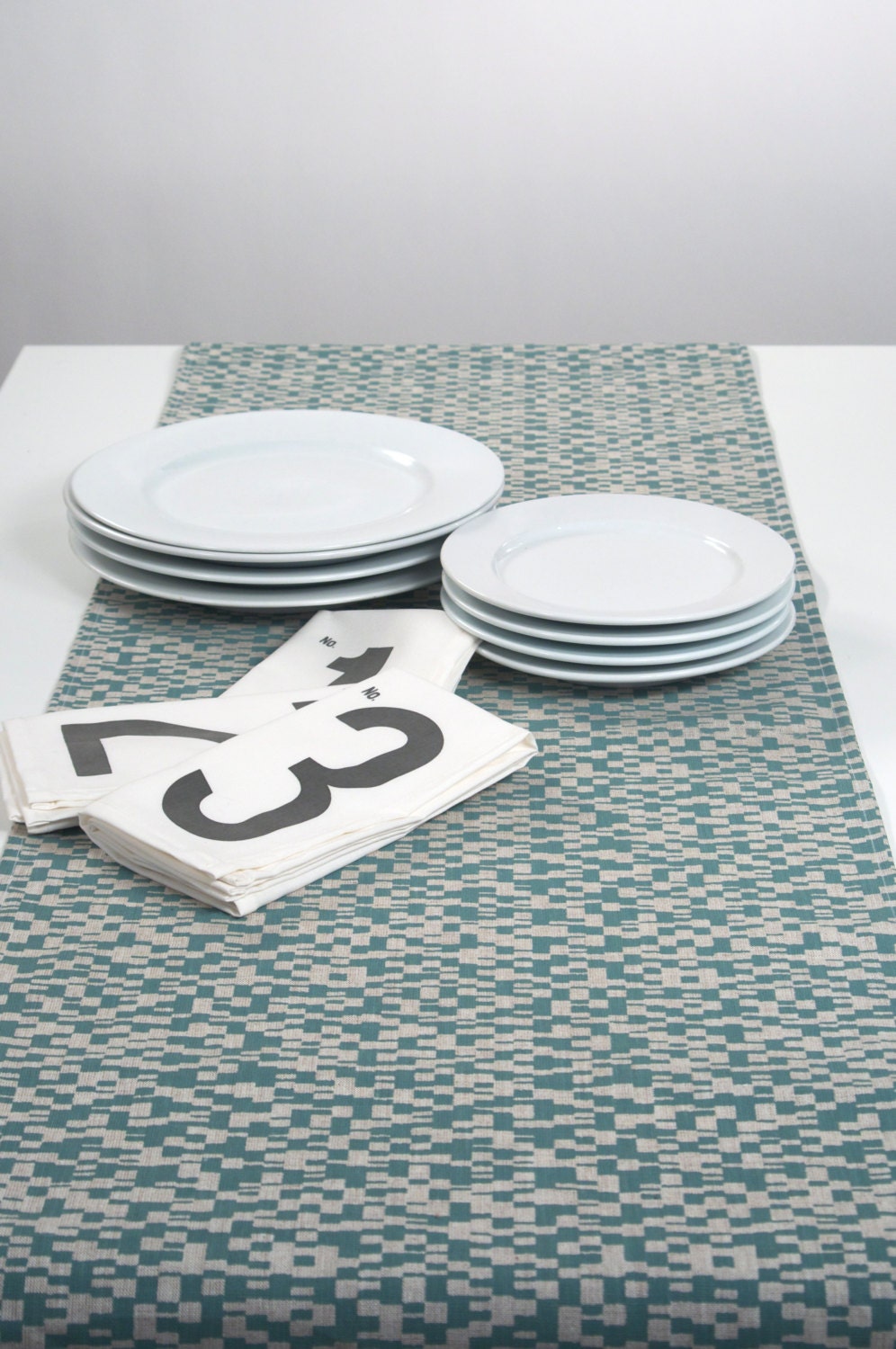88" Hand Printed Linen Table Runner, Echo in Fog