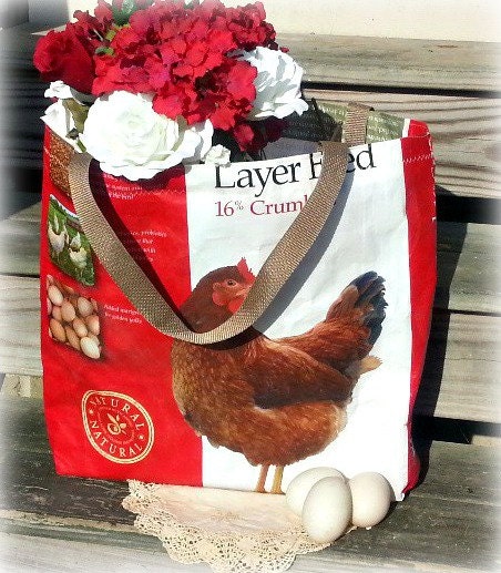 Rhode Island Red  Chicken Poultry Feed Handmade Upcycled Reusable Eco-friendly Market Feed Tote Shopping Bag