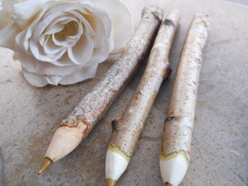 3 Rustic White Birch Wood Tree Branch Pens - For Woodland Weddings, Wedding Guestbooks, Outdoor Weddings, Bridal and Baby Showers